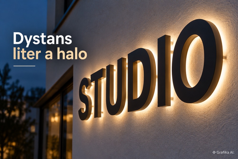 Litery przestrzenne STUDIO z efektem halo na elewacji po zmroku – grafika AI