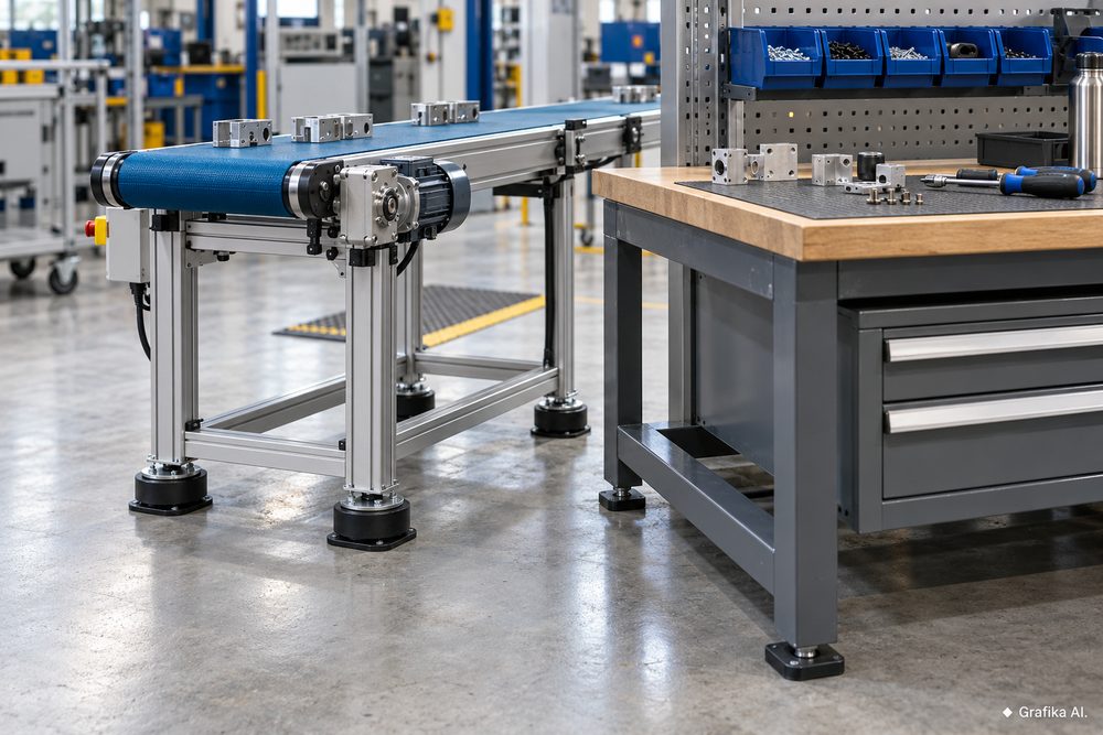 Mały przenośnik na oddzielnej ramie obok stołu roboczego